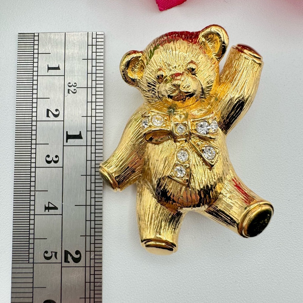 Vintage Avon Waving Teddy Bear Rhinestone Bow Gold Tone - Picture 5 of 8